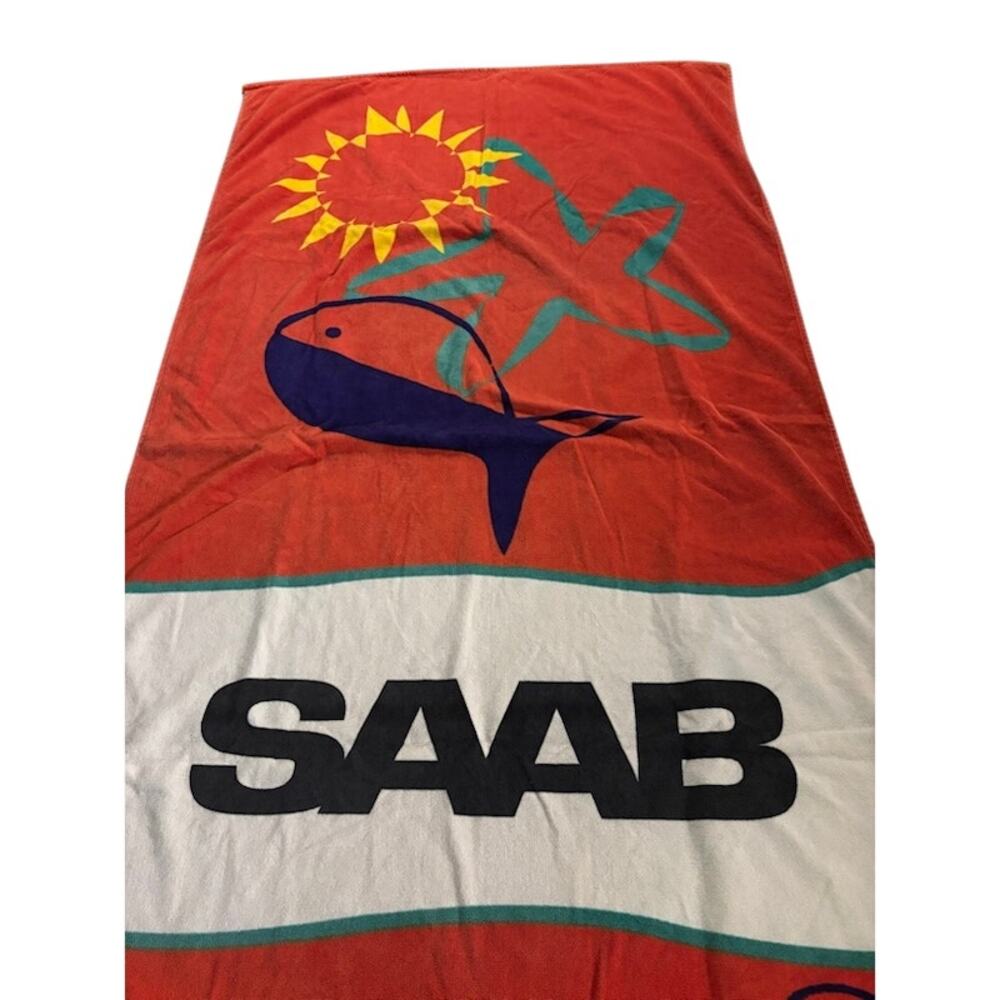 Set of 2 Vintage Saab Beach Towels Red Whale Sun Graphic Rare Promo Bath Towels - Picture 2 of 5